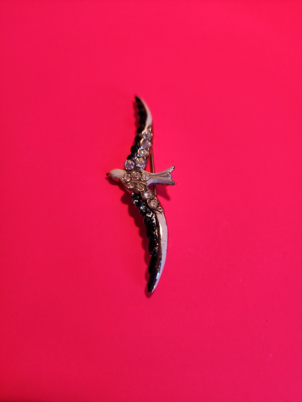 Antique Silver-toned Bird In Flight Brooch Pin - Silver and Black. Victorian